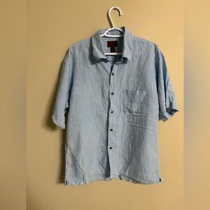 Born Mens Size Large Button Down Linen Bamboo Short Sleeve Shirt Blue